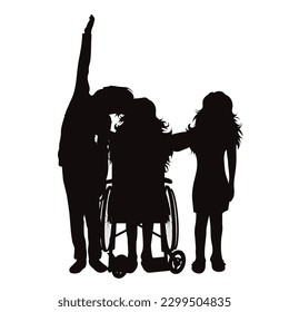 Vector silhouette of one of a siblings sitting in a wheelchair on a white background. Symbol of happy and healthy.