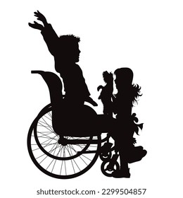 Vektorsilhouette eines Geschwisters, der auf einem Rollstuhl auf weißem Hintergrund sitzt. Symbol des Glücks und des Gesunden.