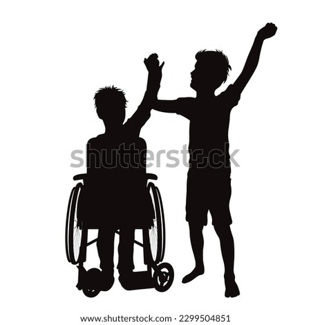 Vector silhouette of one of a siblings sitting in a wheelchair on a white background. Symbol of happy and healthy.