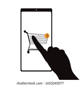 Vector silhouette of online shopping cart in cell phone on white background. Symbol of shop accessories in web.