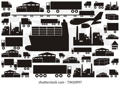 Vector silhouette / outline collection - ships, warehouses, factories, trucks, trains