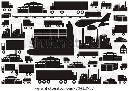 Vector silhouette / outline collection - ships, warehouses, factories, trucks, trains