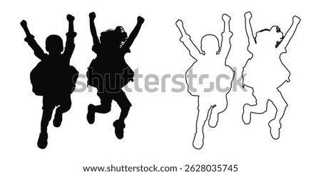 Vector silhouette and outline drawing of two children running forward with raised arms, likely excited for school or play. Depicts freedom, childhood excitement, and movement