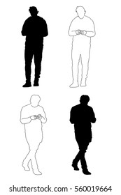 Vector Silhouette and Outline of People using their cell phone, bend their head to look down at mobile phone cause pain in the neck and spine.