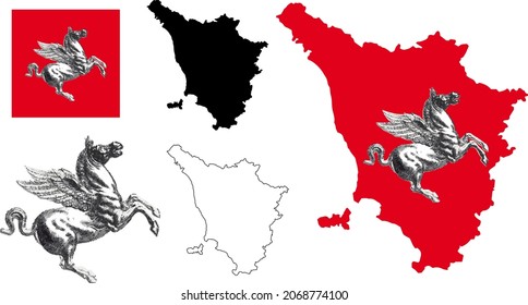 Vector silhouette outline Toscana Tuscany, italian regional crest, emblem, symbol flag with Pegasus illustration