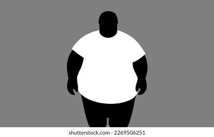 Vector silhouette of an overweight man isolated on a gray background. The fat man icon represents obesity, unhealthy diet, and lack of physical activity.