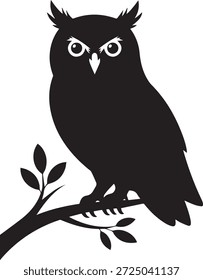Silhueta vetorial de uma coruja em preto. Forma de ave noturna sábia isolada sobre fundo branco. Perfeito para a vida selvagem, educação, natureza, temas noturnos e projetos de design.