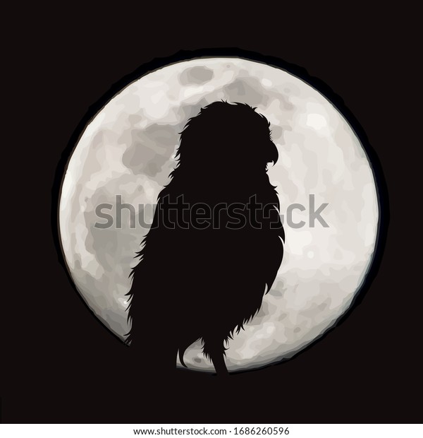 Vector silhouette of owl on moon background.\
Symbol of night.