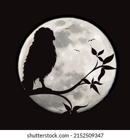 Vector silhouette of owl sitting on the branch on moon background. Symbol of night and wildlife.