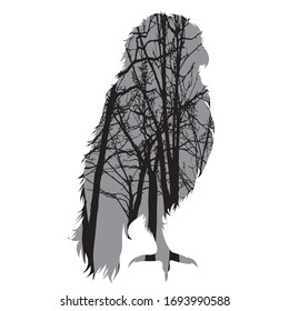 Vector silhouette of owl with trees on background. Symbol of forest.