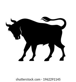 Vector silhouette of a ox bull. Symbol of 2021. Wild animal, silhouette of a healthy bull with horns. The animal is waiting. Ready-made emblem or logo. 