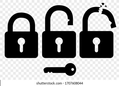 Vector Silhouette Padlock and key, Locked, Opened and Broken at transparent effect background
