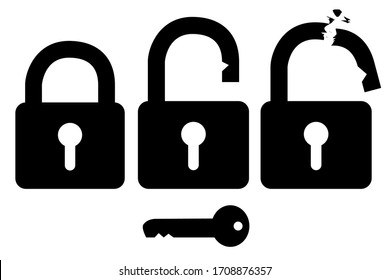 Vector Silhouette Padlock, Locked, Opened and Broken, isolated on white
