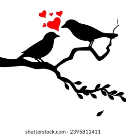 Vector Silhouette of a Pair of Birds on a Tree Branch, Silhouette of Birds with Love Icon Isolated on White Background, Pair of Birds in Love, Wall Decoration, Romantic Silhouette of Birds on a Branch