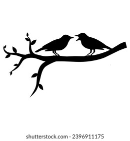 Vector Silhouette of a Pair of Birds on a Tree Branch, Isolated on White Background, Pair of Birds in Love, Wall Decoration, Romantic Silhouette of Birds on a Branch