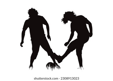 Vector silhouette of pair of men playing soccer on white background. Symbol of football.