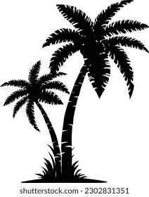 vector silhouette of a palm tree with black grass and soil isolated on a white background. Palm silhouette. Coconut tree silhouette. Perfect for for posters, banners, signs, symbols, promotional items