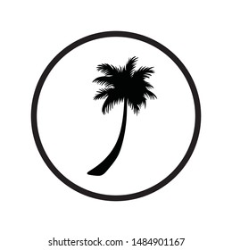Vector silhouette of palm tree on white background. Symbol of plant, paradise, tropical, exotic. Logo in round frame.