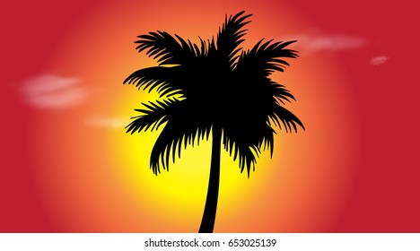 Vector silhouette of palm tree at sunset.