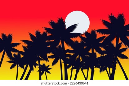 Vector silhouette of palm trees on sunset background