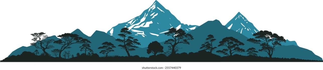 Vector silhouette panorama mountains trees and bushes - landscape in Asia - Japan China nature - wilderness - design element