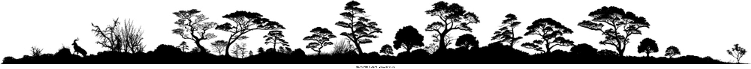 Vector silhouette panorama - nature landscape with trees and bushes - design graphic model isolated