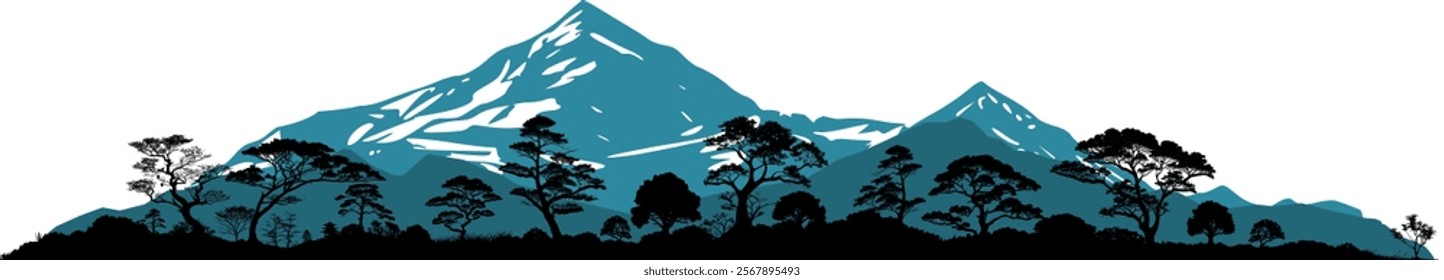 Vector silhouette panorama - nature landscape with trees and bushes and mountains - design graphic model