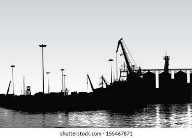 Vector silhouette of panorama of port
