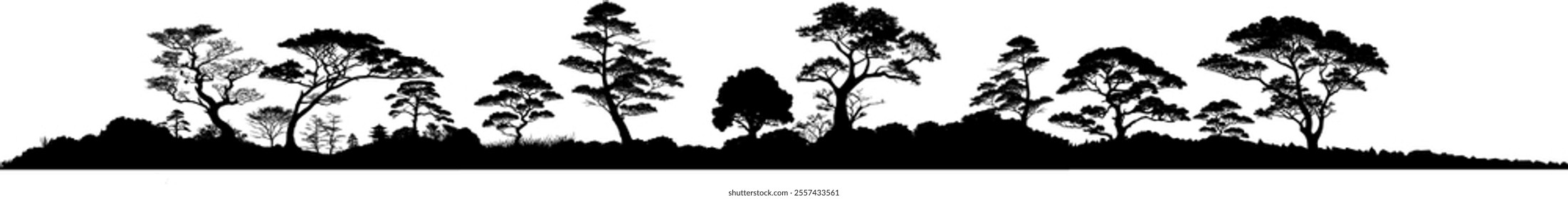 Vector silhouette panorama trees and bushes - landscape in Asia - Japan China nature - wilderness - design element isolated