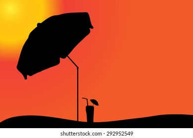 Vector silhouette of a parasol on the beach at sunset.