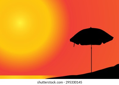 Vector silhouette of a parasol on the beach at sunset.