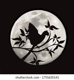 Vector silhouette of parrot on moon background. Symbol of night.