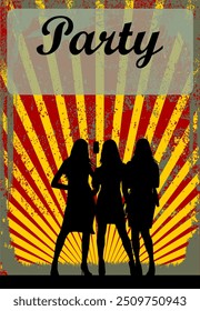 Silueta de Vector - Cartel de fiesta con tres chicas jóvenes posando con el palo selfie - Design Element