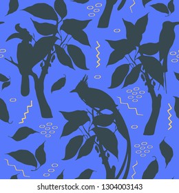 Vector silhouette pattern with rhinoceros hornbill, paradise flycatcher, bee eaters, branches, leaves. 