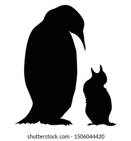 Vector silhouette of penguin with baby. Motives of wildlife, Antarctic, nature