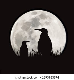 Vector silhouette of penguin with moon background. Symbol of night.