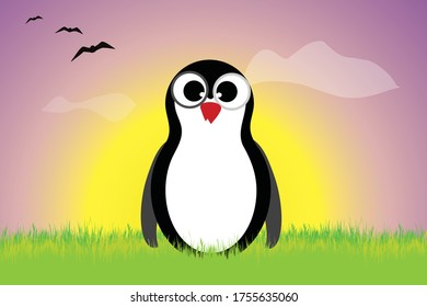 Vector silhouette of penguin staying in the grass at sunset. Symbol of animal.