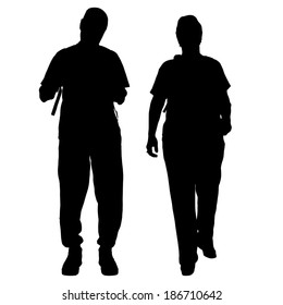 Vector silhouette of a people with a backpack on a white background.