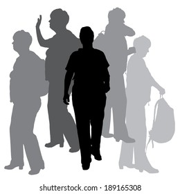 Vector silhouette of a people with a backpack on a white background.
