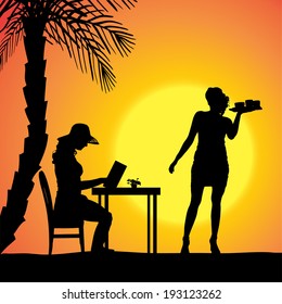 Vector silhouette of people in a beach restaurant at sunset.
