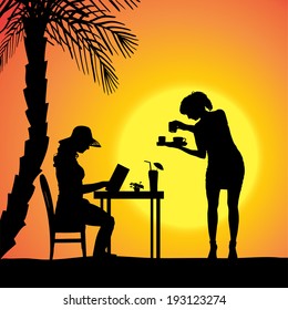 Vector silhouette of people in a beach restaurant at sunset.