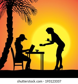 Vector silhouette of people in a beach restaurant at sunset.