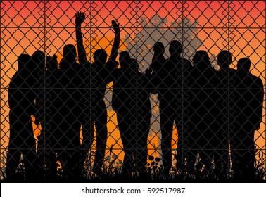 vector silhouette people behind the wire, the concept of refugees