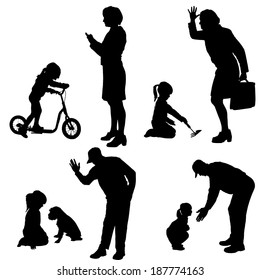 Vector silhouette of people with children in various situations.