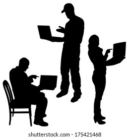 Vector silhouette of people with a computer on white background.