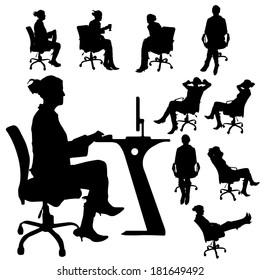 Vector silhouette of a people with a computer on white background.