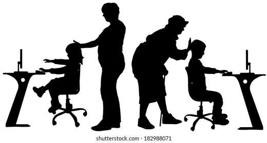 Vector silhouette of a people with a computer on white background.