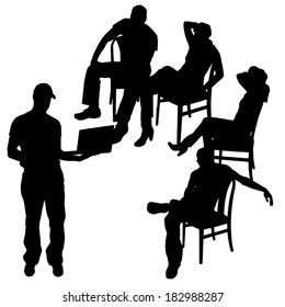 Vector silhouette of a people with a computer on white background.