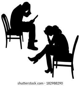 Vector silhouette of a people with a computer on white background.