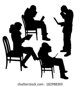 Vector silhouette of a people with a computer on white background.